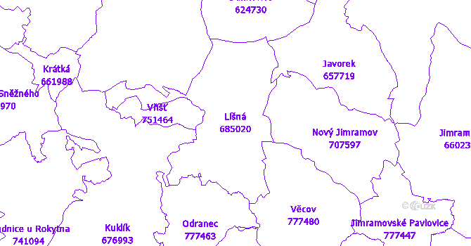 Katastrální mapa Líšná - přehledová mapa katastrálního území