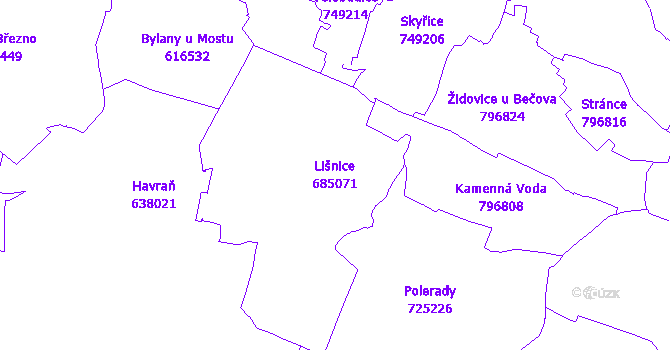 Katastrální mapa Lišnice - přehledová mapa katastrálního území