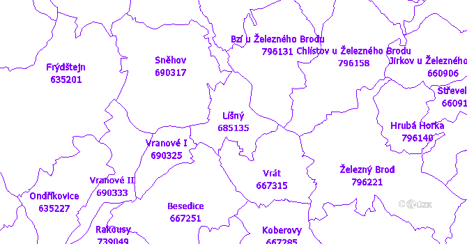 Katastrální mapa Líšný - přehledová mapa katastrálního území