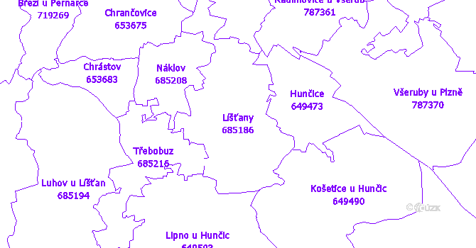 Katastrální mapa Líšťany - přehledová mapa katastrálního území