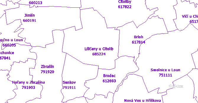 Katastrální mapa Líšťany u Cítolib - přehledová mapa katastrálního území