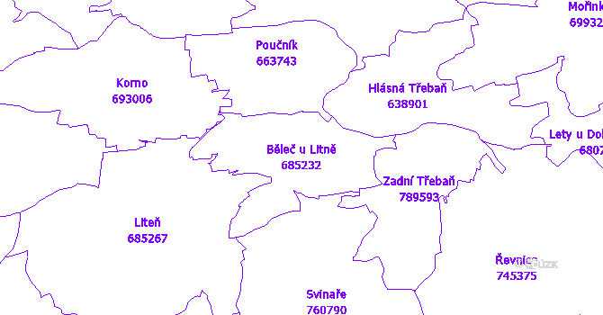 Katastrální mapa Běleč u Litně - přehledová mapa katastrálního území