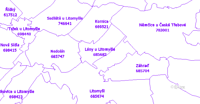 Katastrální mapa Lány u Litomyšle - přehledová mapa katastrálního území