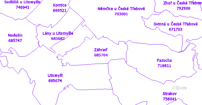 Katastrální mapa Záhraď - přehledová mapa katastrálního území