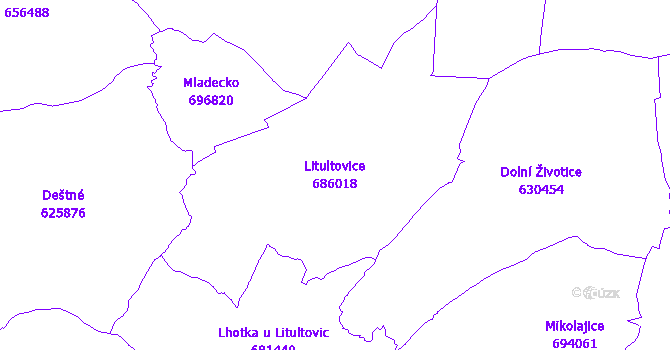 Katastrální mapa Litultovice - přehledová mapa katastrálního území