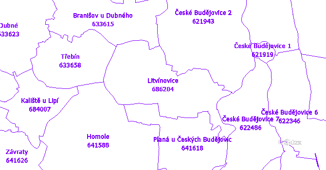 Katastrální mapa Litvínovice - přehledová mapa katastrálního území