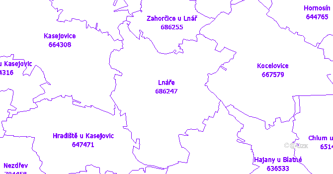 Katastrální mapa Lnáře - přehledová mapa katastrálního území