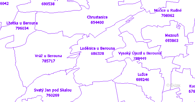 Katastrální mapa Loděnice u Berouna - přehledová mapa katastrálního území
