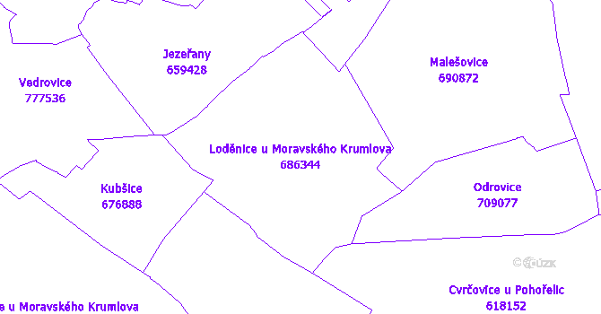 Katastrální mapa Loděnice u Moravského Krumlova - přehledová mapa katastrálního území