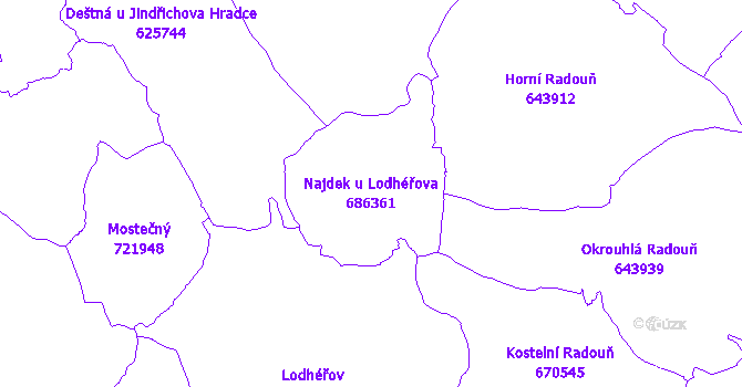 Katastrální mapa Najdek u Lodhéřova - přehledová mapa katastrálního území