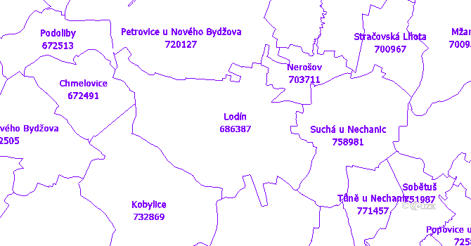 Katastrální mapa Lodín - přehledová mapa katastrálního území