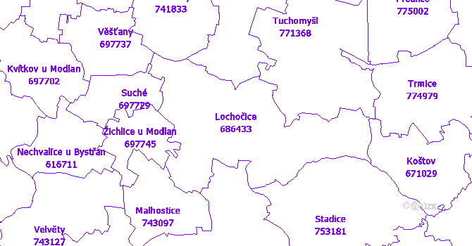 Katastrální mapa Lochočice - přehledová mapa katastrálního území