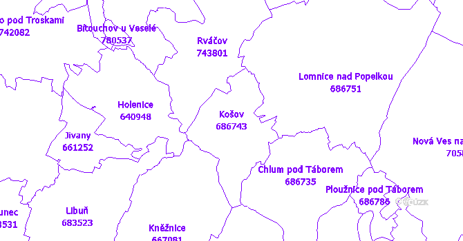 Katastrální mapa Košov - přehledová mapa katastrálního území