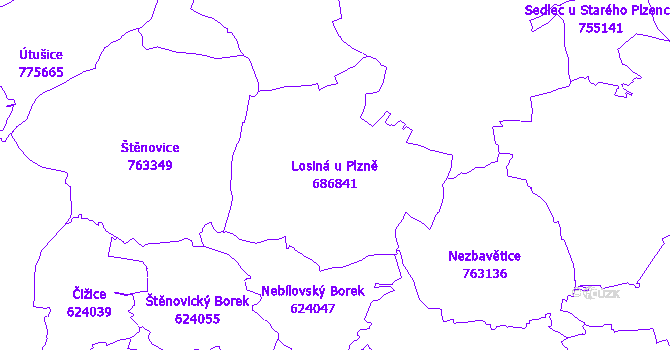 Katastrální mapa Losiná u Plzně - přehledová mapa katastrálního území