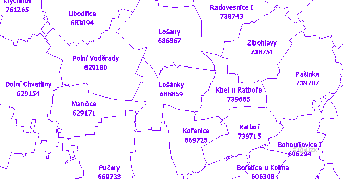 Katastrální mapa Lošánky - přehledová mapa katastrálního území