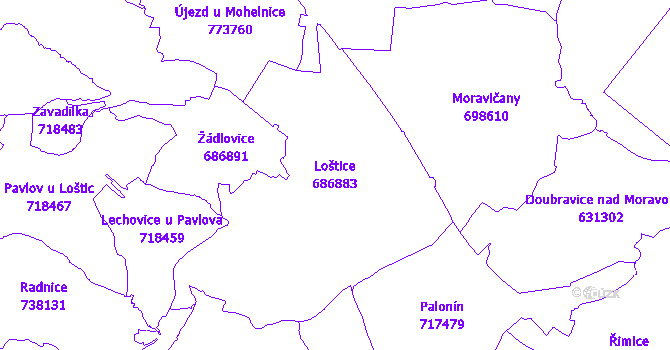 Katastrální mapa Loštice - přehledová mapa katastrálního území