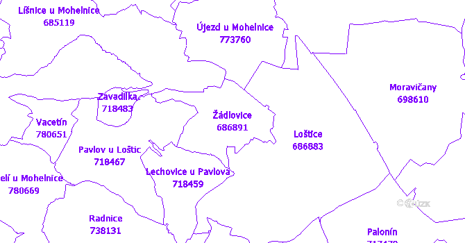 Katastrální mapa Žádlovice - přehledová mapa katastrálního území