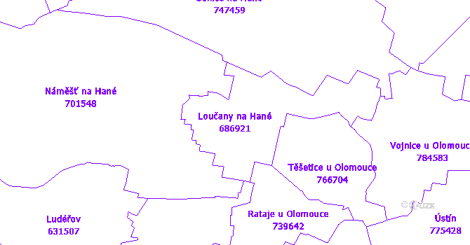 Katastrální mapa Loučany na Hané - přehledová mapa katastrálního území