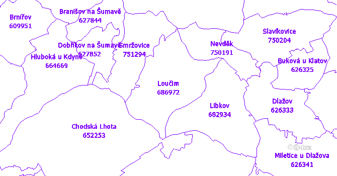 Katastrální mapa Loučim - přehledová mapa katastrálního území