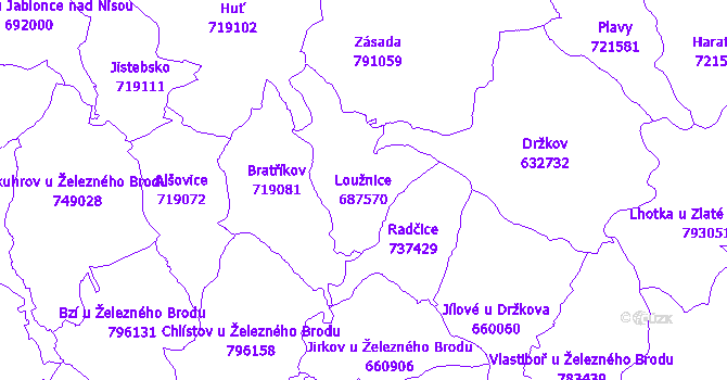 Katastrální mapa Loužnice - přehledová mapa katastrálního území