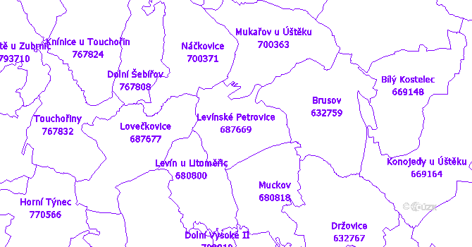 Katastrální mapa Levínské Petrovice - přehledová mapa katastrálního území