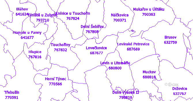 Katastrální mapa Lovečkovice - přehledová mapa katastrálního území