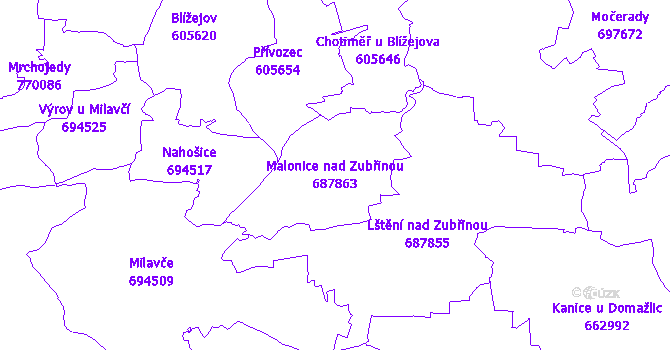 Katastrální mapa Malonice nad Zubřinou - přehledová mapa katastrálního území