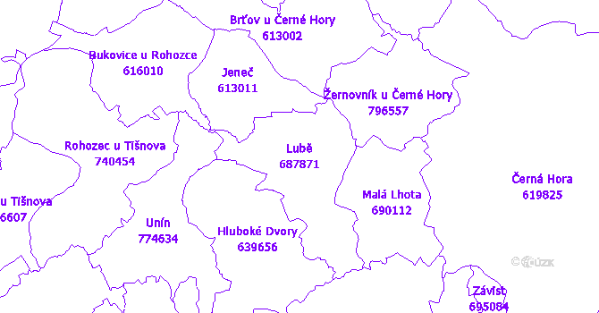 Katastrální mapa Lubě - přehledová mapa katastrálního území