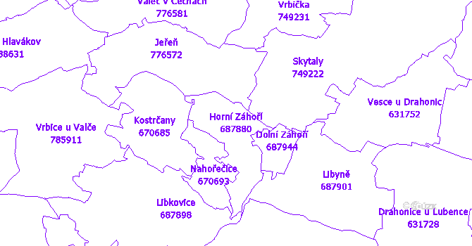 Katastrální mapa Horní Záhoří - přehledová mapa katastrálního území