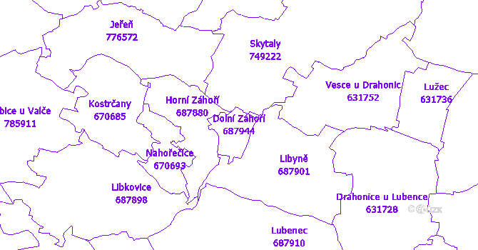 Katastrální mapa Dolní Záhoří - přehledová mapa katastrálního území