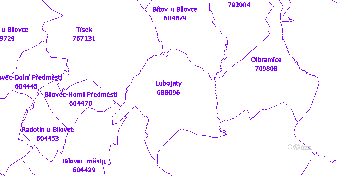 Katastrální mapa Lubojaty - přehledová mapa katastrálního území