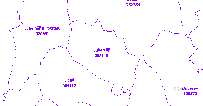 Katastrální mapa Luboměř - přehledová mapa katastrálního území