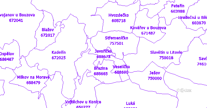 Katastrální mapa Javoříčko - přehledová mapa katastrálního území