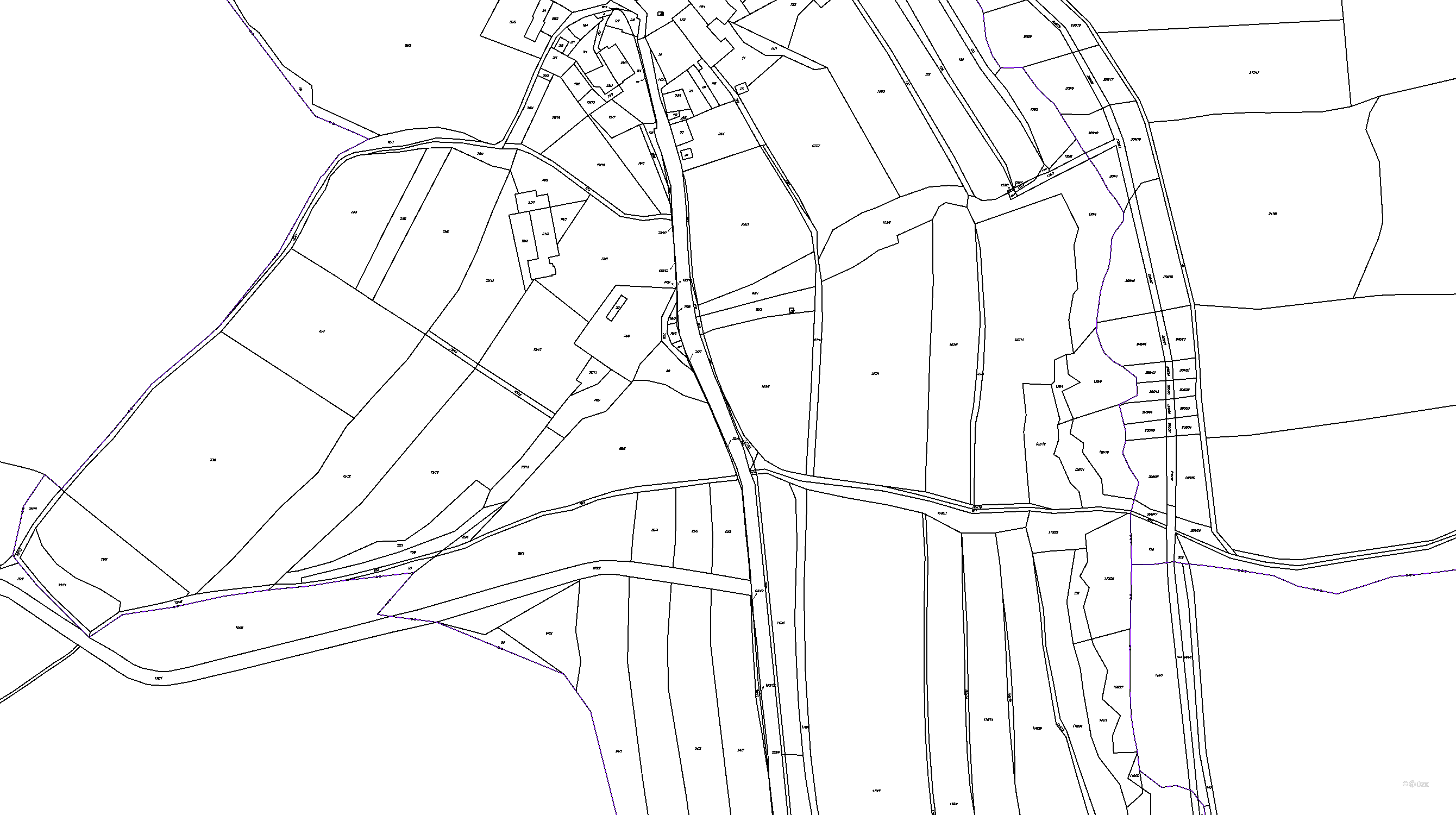 Katastrální mapa pozemků a čísla parcel Veselíčko