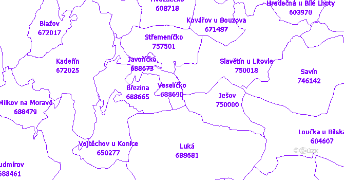 Katastrální mapa Veselíčko - přehledová mapa katastrálního území