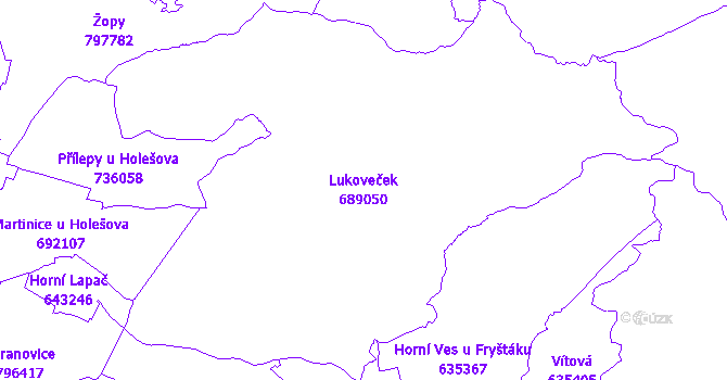 Katastrální mapa Lukoveček - přehledová mapa katastrálního území