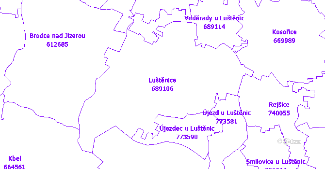 Katastrální mapa Luštěnice - přehledová mapa katastrálního území