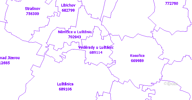 Katastrální mapa Voděrady u Luštěnic - přehledová mapa katastrálního území