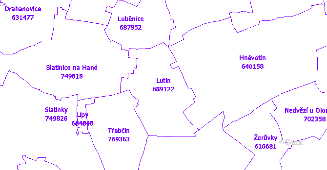 Katastrální mapa Lutín - přehledová mapa katastrálního území