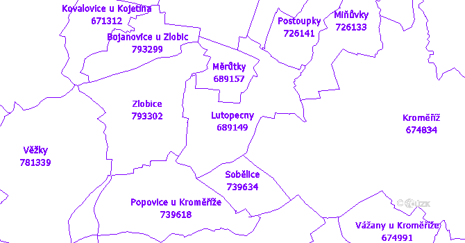 Katastrální mapa Lutopecny - přehledová mapa katastrálního území