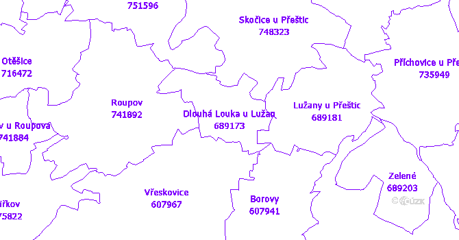 Katastrální mapa Dlouhá Louka u Lužan - přehledová mapa katastrálního území