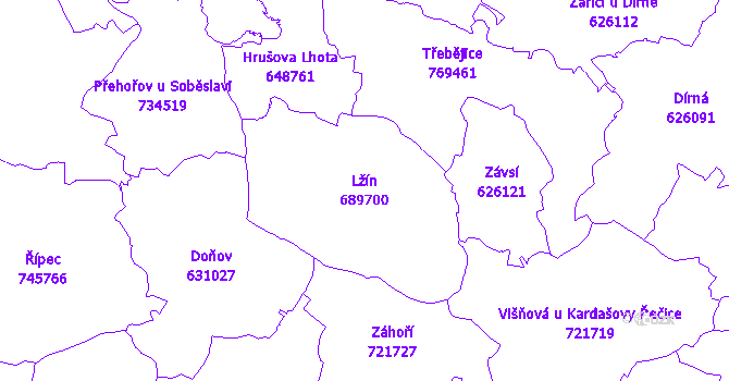Katastrální mapa Lžín - přehledová mapa katastrálního území