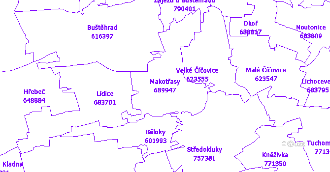 Katastrální mapa Makotřasy - přehledová mapa katastrálního území