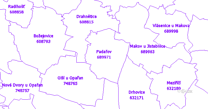 Katastrální mapa Padařov - přehledová mapa katastrálního území
