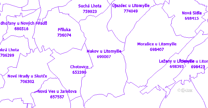 Katastrální mapa Makov u Litomyšle - přehledová mapa katastrálního území