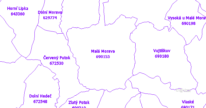 Katastrální mapa Malá Morava - přehledová mapa katastrálního území
