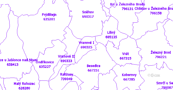 Katastrální mapa Vranové I - přehledová mapa katastrálního území