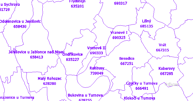 Katastrální mapa Vranové II - přehledová mapa katastrálního území