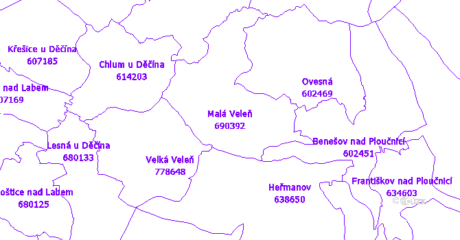 Katastrální mapa Malá Veleň - přehledová mapa katastrálního území
