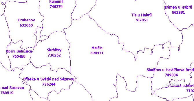 Katastrální mapa Malčín - přehledová mapa katastrálního území